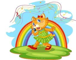 Cat singing cartoon character with rainbow background vector