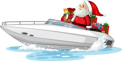 Christmas Santa Claus on speed boat with his gifts vector