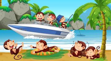 Beach scene with monkeys doing different activities vector