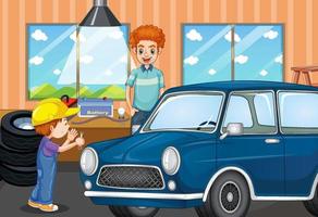 Scene with a boy repairing car with his dad vector