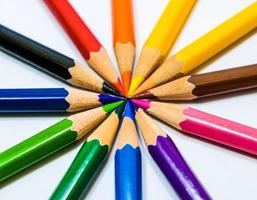 Colorful pencils arrange with circle shape and rainbow concept. photo