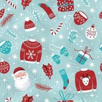 Christmas and New Year seamless pattern with hand drawn Santa Claus and holiday icons on light blue background with stars and snow. Colorful festive illustration vector