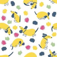 Doodle seamless pattern with dachshunds and abstract spots. vector