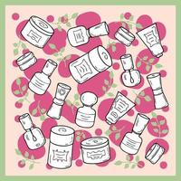 Doodle retro style cosmetic jars and leaves pattern. vector