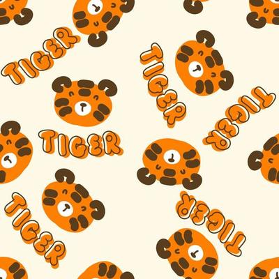 Doodle seamless pattern with tiger faces and text TIGER.