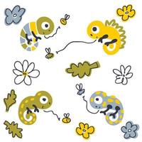 Doodle chameleons catch fly set. vector