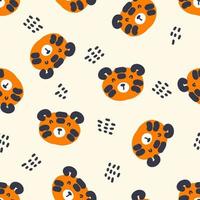 Hand drawn seamless pattern with tiger faces and dots. vector