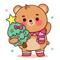 Cute bear cartoon Christmas tree kawaii animal vector