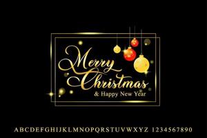 Christmas card with balls and golden text effect on frame vector