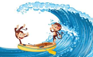 Happy monkeys dancing on a inflatable boat on ocean wave vector