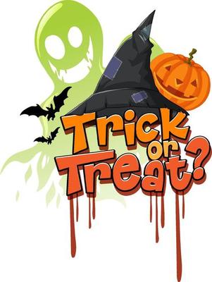 Trick or treat word logo with witch hat and scary pumpkin