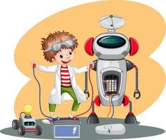 Young boy fixing a robot vector