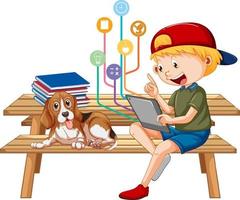 Young boy using laptop with education icons vector