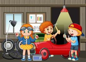 Garage scene with children fixing a car together vector