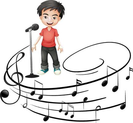 Doodle cartoon character of a singer man singing with musical melody symbols