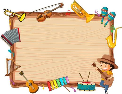 Empty wooden board with musical instruments