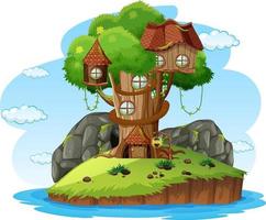 Fantasy tree house inside tree trunk on white background vector