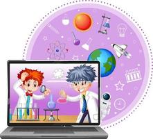 Portátil con personaje de dibujos animados de niño científico