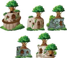 Set of different fantasy tree on cliff vector