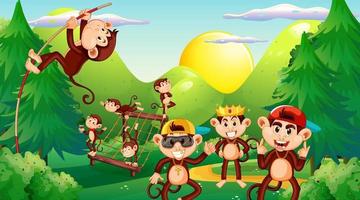 Little monkeys playing in forest scene vector