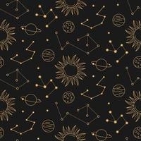 Celestial constellations astrological golden seamless pattern on dark background vector