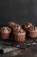high angle chocolate muffins cooling rack with copy space