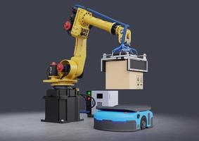 Robot arm concept picks up the box to automated guided vehicle.