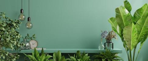 Interior wall mockup with green plant,Green wall and shelf.