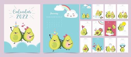 2022 table calendar week start on Sunday with avocado that use for vertical digital and printable A4 A5 size vector