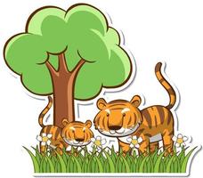 Tiger mom and baby standing in grass field sticker vector