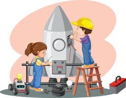 Children fixing a rocket together on white background vector