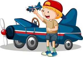 Young boy playing with plane toy standing in front of plane vector