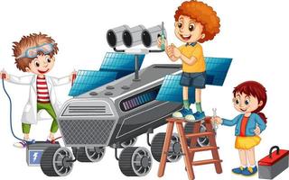Children fixing satellite together on white background vector