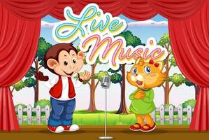 Monkey and cat performing singing on stage vector