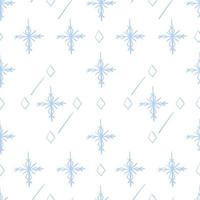 Snowy seamless pattern with shape snowflakes and crystals line art. Background for wrapping paper vector