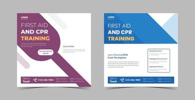 First aid and crp training social media template. First aid training service promotion poster leaflet template. Crp training social media poster design vector