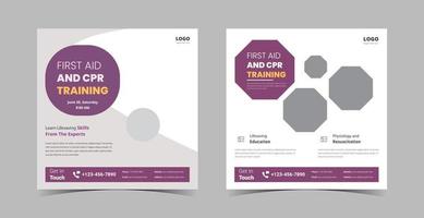 First aid and crp training social media template. First aid training service promotion poster leaflet template. Crp training social media poster design vector