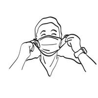 Hombre de primer plano de arte de línea poniéndose vector de ilustración de máscara médica aislado sobre fondo blanco