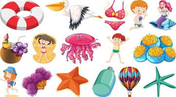 conjunto de objetos de playa de verano y personajes de dibujos animados vector