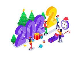 People are preparing for the new year 2022 by changing the number of the year before midnight. Merry Christmas and Happy New year design concept. Isometric Vector Illustration