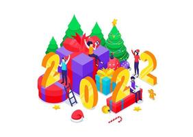 People with big gift boxes and symbols of numbers 2022 celebrate New year. Happy New year design concept. Isometric Vector Illustration