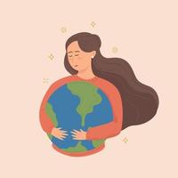 Happy Earth Day Cute smiling girl hugging planet vector