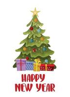 New Year greeting card. A Christmas tree with gifts and a handwritten inscription Happy New Year. Vector