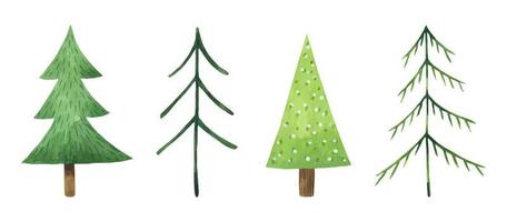 Watercolor set of stylized fir trees isolated on white background. Winter Christmas design elements. Hand-drawn illustration. Perfect for your project, greeting cards, prints, covers, patterns, decor. vector