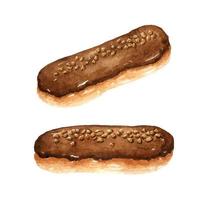 Chocolate eclairs with nuts isolated on white background. Watercolor hand-drawn illustration. Perfect for your project, cards, prints, covers, menu, patterns. vector