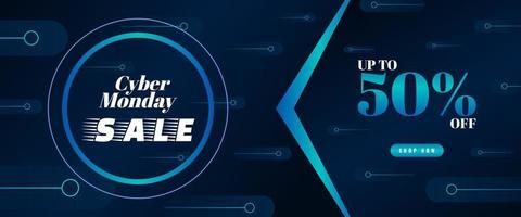 Cyber monday sale banner template design with blue light effect on dark background for advertising poster or business promotion vector