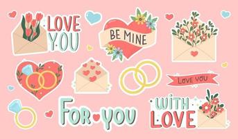Set of stickers Valentine's Day. Collection of love symbol and romantic elements. Hand drawn 14 february isolated bundle. Flat cartoon vector illustration.
