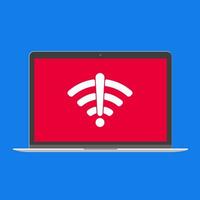 Modern device - laptop, computer or netbook pc flat design with no wifi symbol icon sign vector illustration. No keybord technology concept of bad free wireless wi-fi at home isolated blue background.