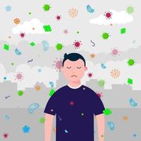 chico triste sin mascara, bacterias y virus vuelan porque la infeccion se transmite por el aire. máscara como protección contra bacterias y virus concepto estilo plano ilustración vectorial aislado en el fondo de la ciudad. vector