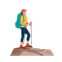 A young woman is engaged in hiking. A woman with walking sticks and a backpack stands against the background of a lake and mountains. Flat vector illustration